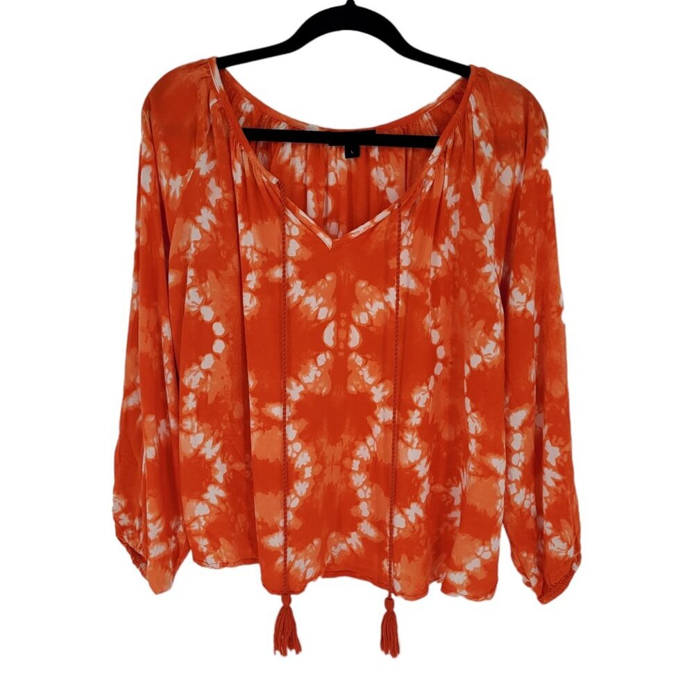 RD & koko womens large orange white geometric tie dye boho blouse tassel v neck